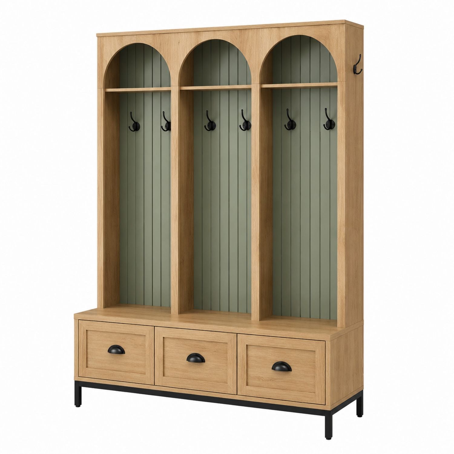 Wooden Entryway Coat Rack with Drawers and Hooks, Oak and Green