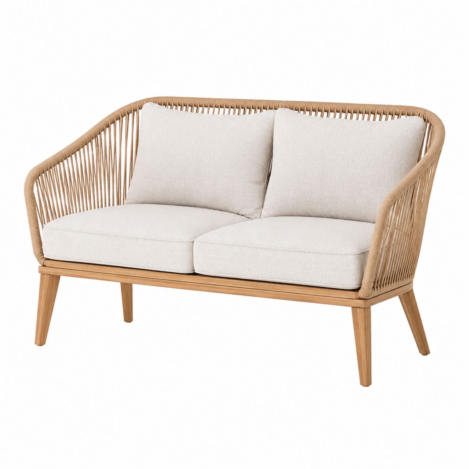 Outdoor Rope Woven Sofa with Polyester Cushions Beige 2-Seater