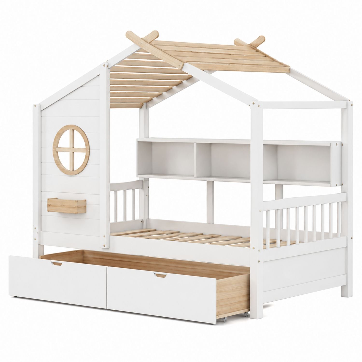 Wood House Bed with Drawers and Rails White