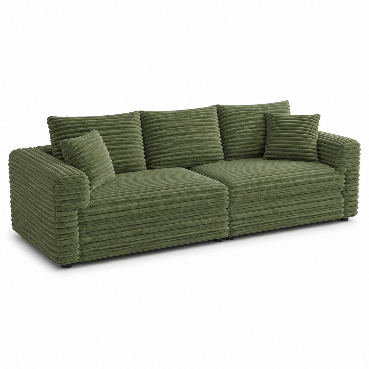 Green Corduroy Three-Seater Sofa with Cushions