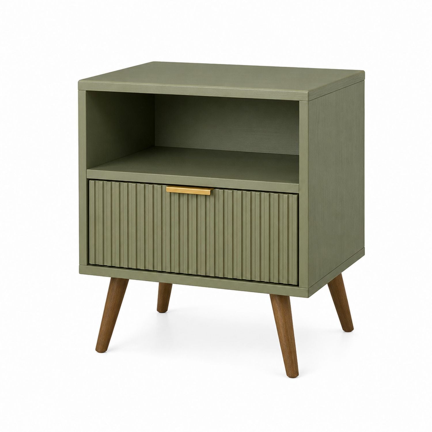 Wood Nightstand with Drawer and Open Shelf in Olive Green