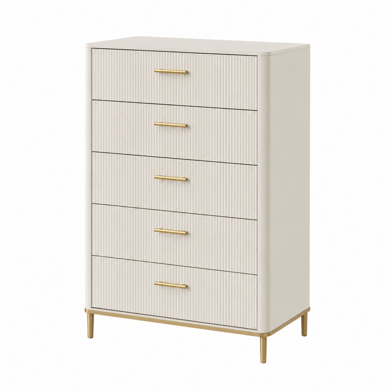 White Dresser with Gold Accents and Metal Legs 5-Drawer Chest