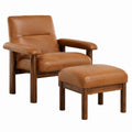 Leather Armchair and Ottoman Set with Oak Frame