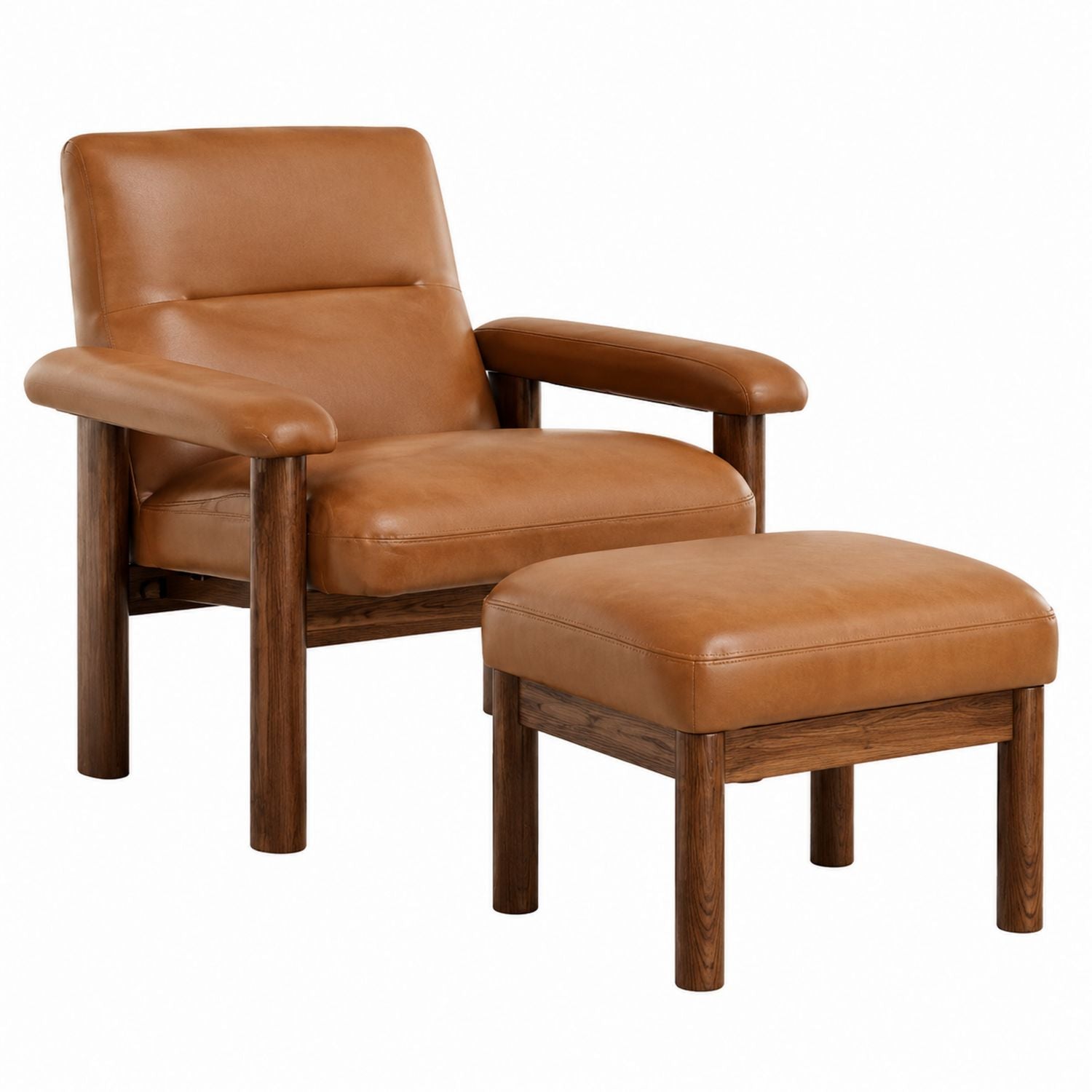 Leather Armchair and Ottoman Set with Oak Frame