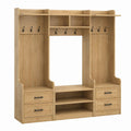 Natural Oak MDF Coat Rack with Metal Hooks and Drawers