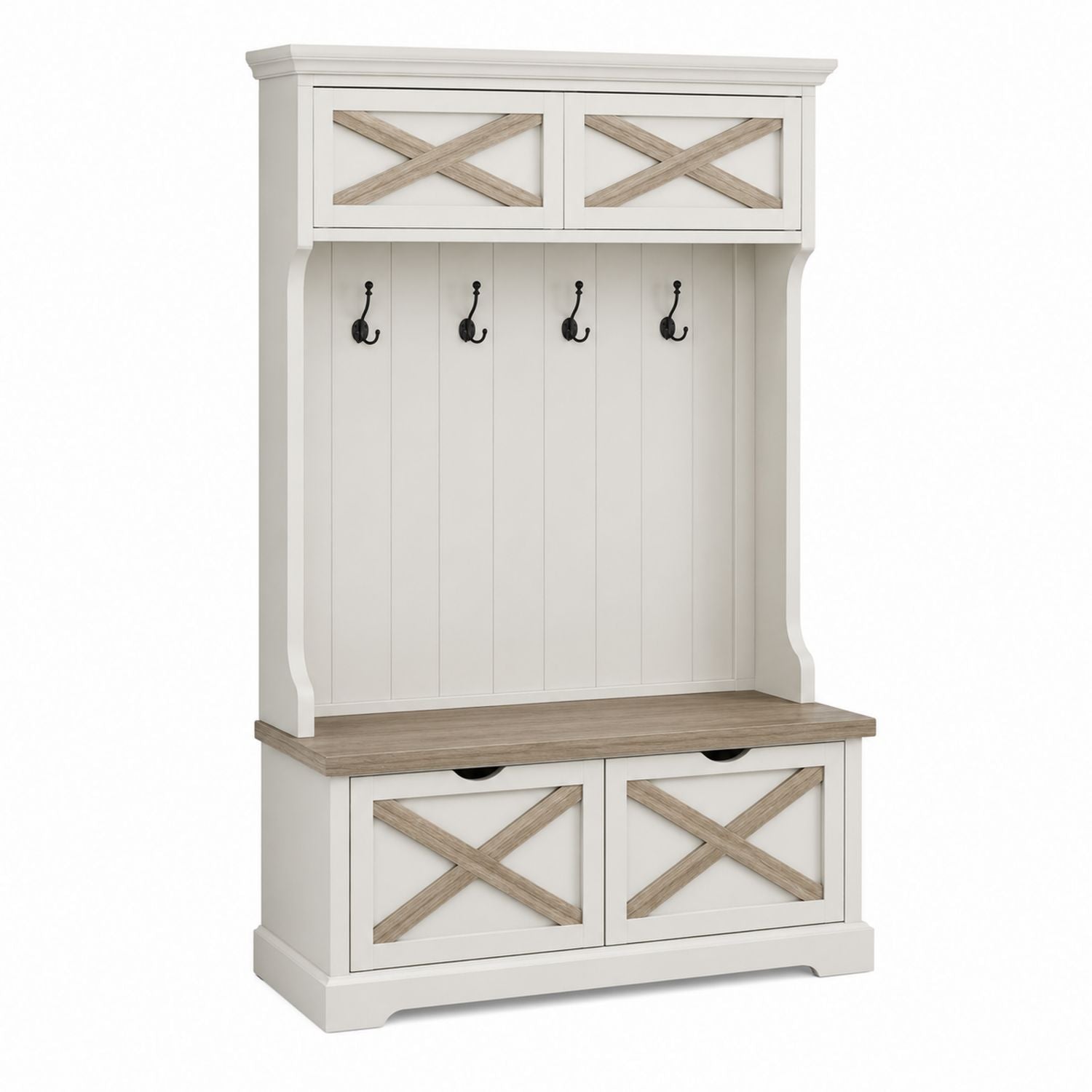 Wood Hall Tree with Coat Rack and Storage Bench White/Brown