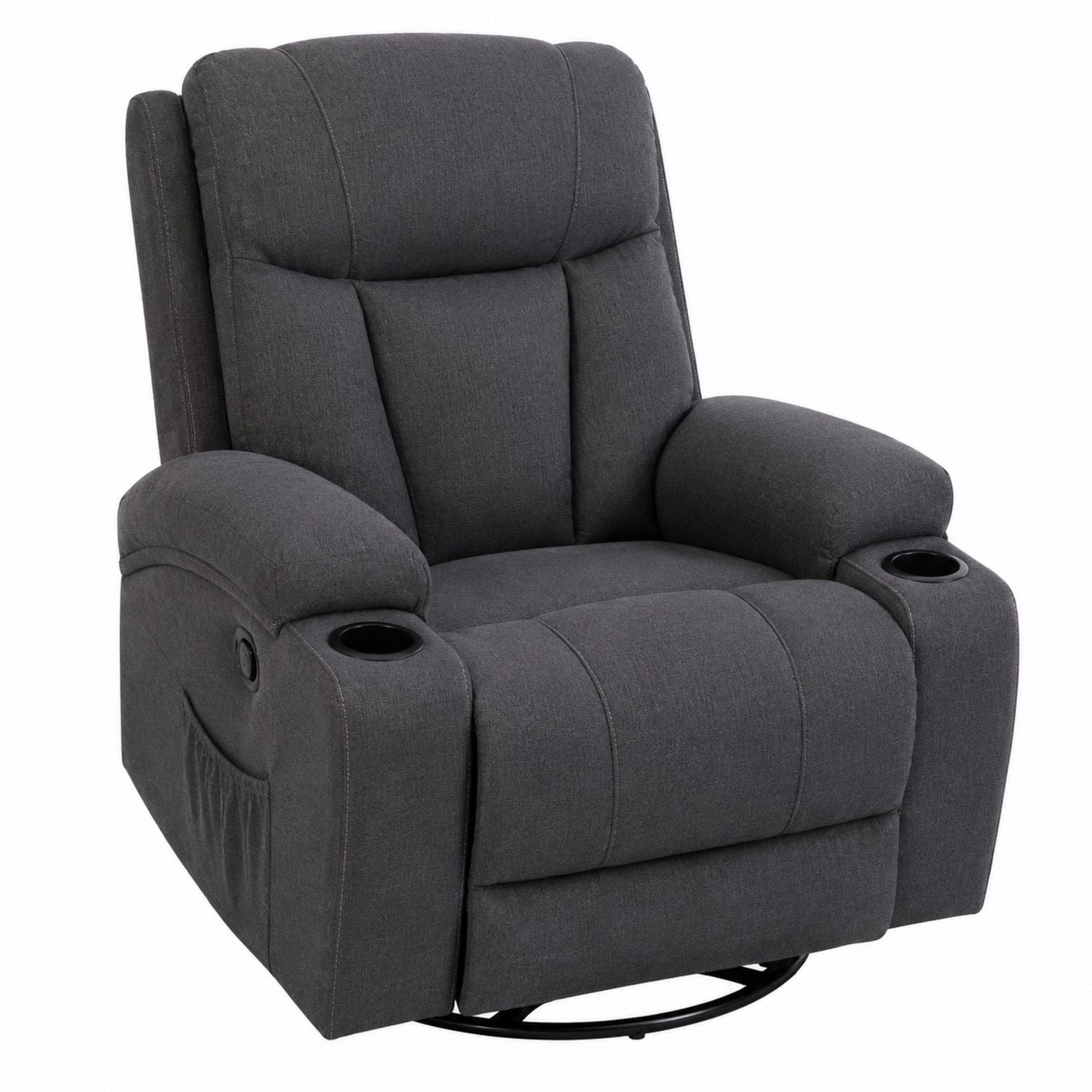 Dark Gray Fabric Recliner Chair with Cup Holders and Swivel Base