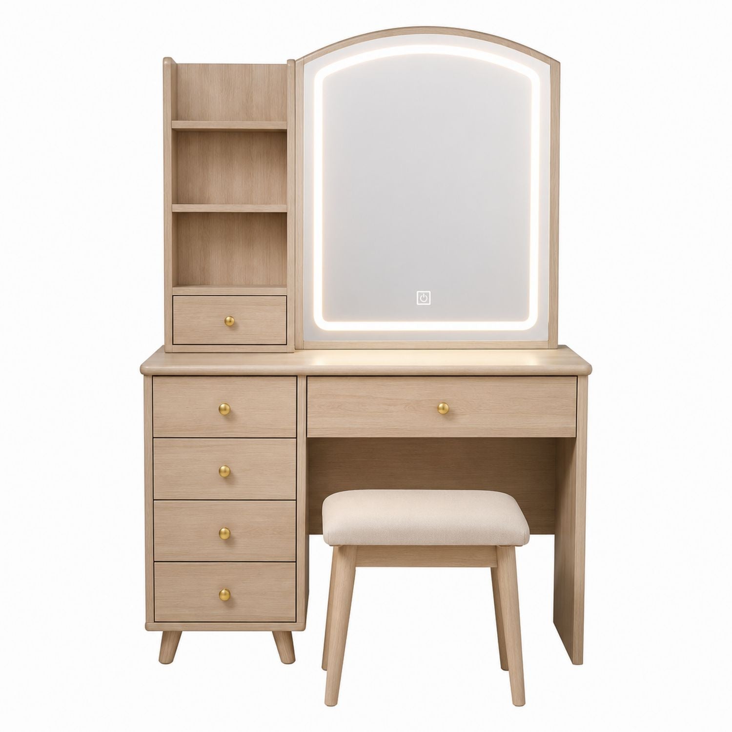 Oak Vanity Set with LED Mirror and Stool