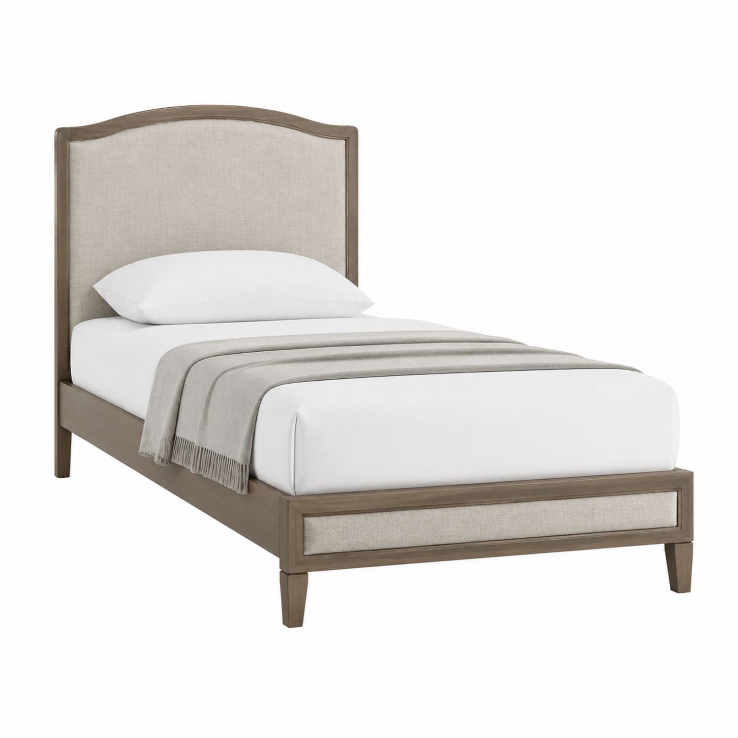 Twin Bed with Upholstered Headboard and Oak Wood Frame Beige