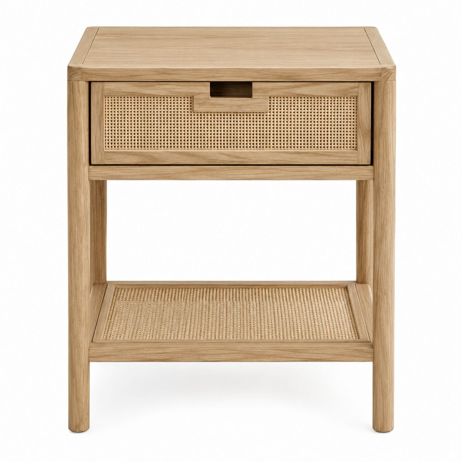 Wood Nightstand with Rattan Drawer and Shelf 40x30x55 cm